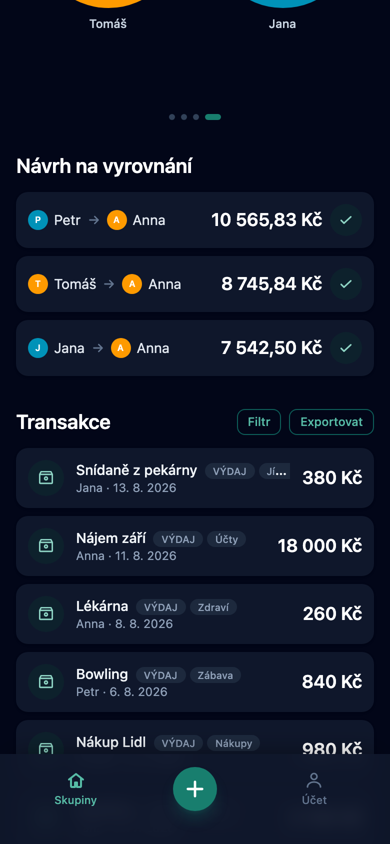 Seznam transakcí s filtrem a exportem do PDF